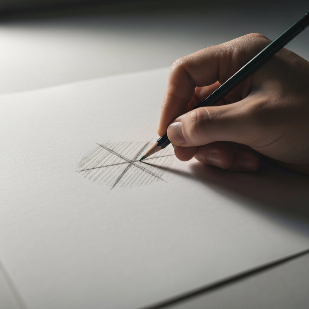 A student's hand holding a pencil, practicing hatching and cross-hatching on a sheet of drawing paper. The lighting is soft and diffused, creating subtle shadows on the paper's surface.