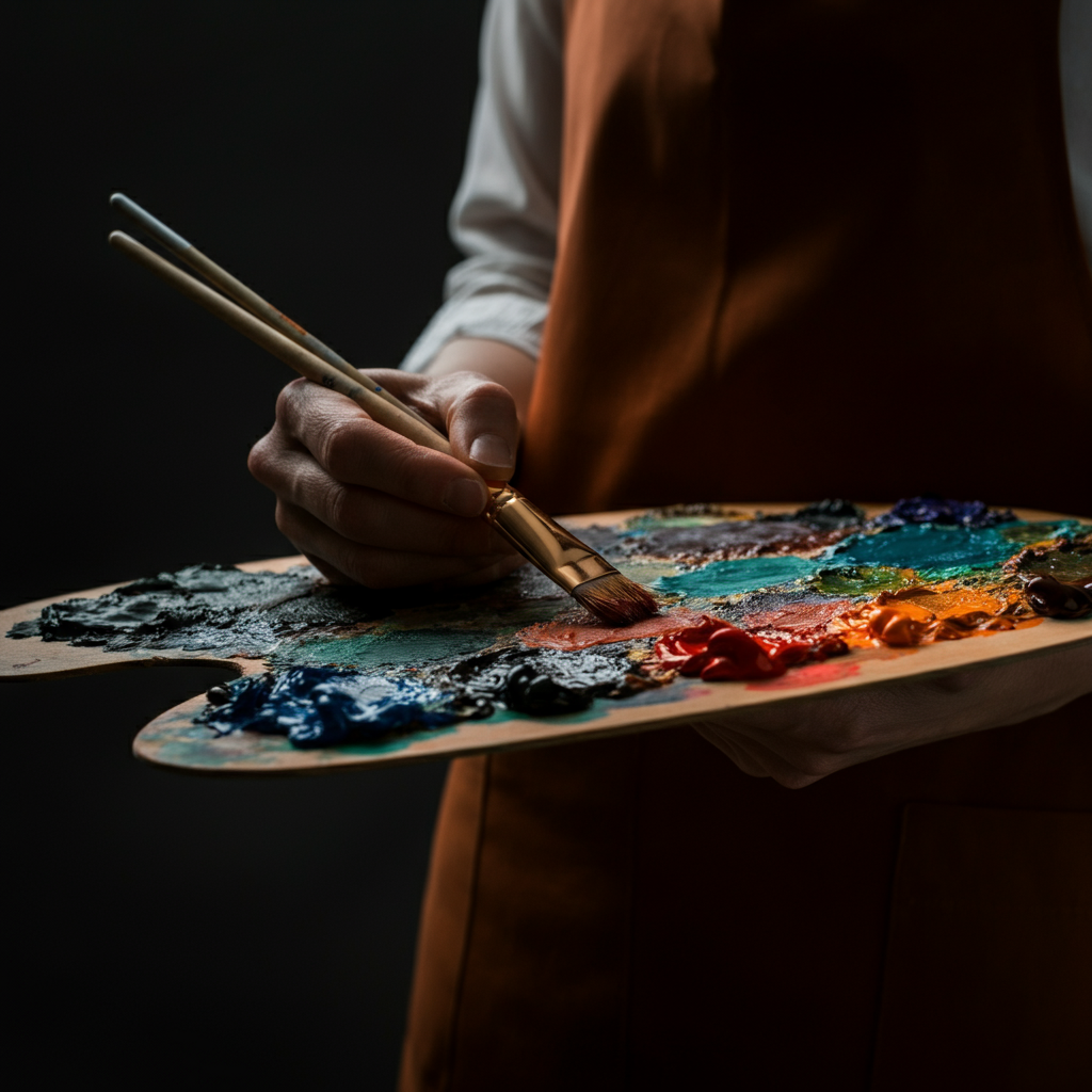An artist's palette covered in vibrant colors, with paintbrushes resting on the edge. The lighting is warm and inviting, showcasing the textures and nuances of the different paint hues.