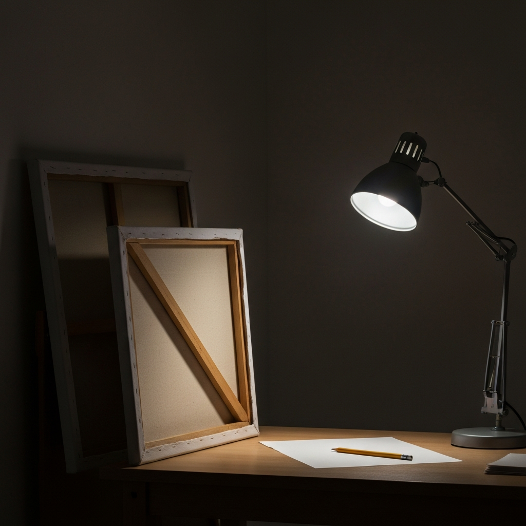 A dimly lit corner of an art studio, with a discarded canvas leaning against the wall, partially obscured by shadows. A single spotlight shines on a nearby desk, where a lone pencil lies abandoned, symbolizing the frustration of creative block.
