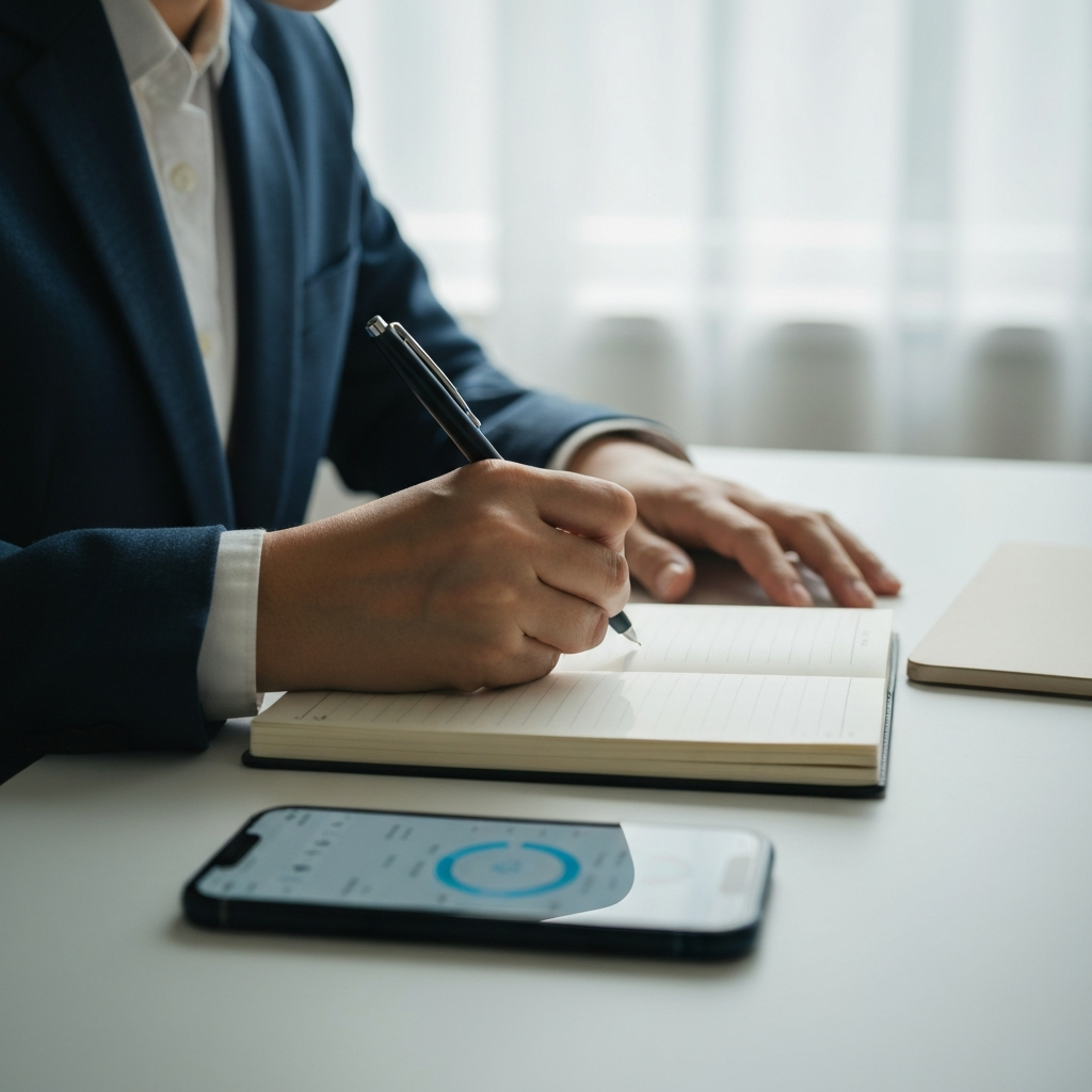 A person sitting at a desk in soft, diffused morning light, writing in a notebook with a smartphone displaying screen time data beside them. Focus on the notebook, pen, and phone screen, creating a shallow depth of field.