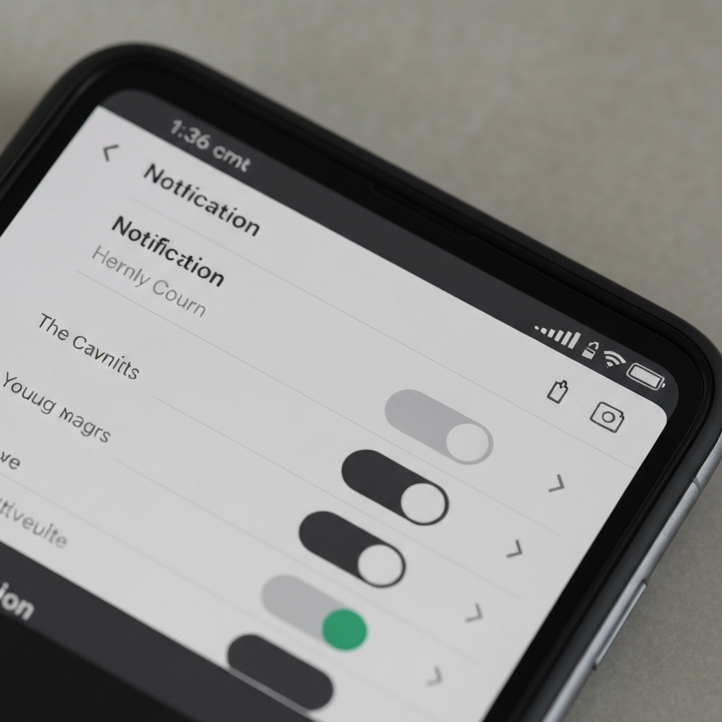 Close-up of a smartphone screen displaying notification settings. The lighting is soft and even, highlighting the toggles and labels. Focus on the granular control offered by the settings.