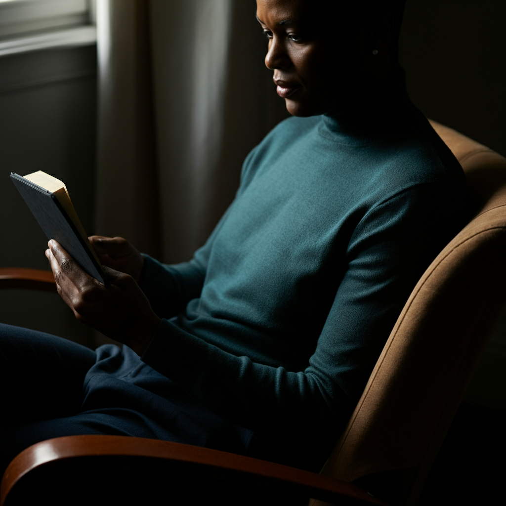 A person sitting comfortably in a chair near a window, reading an e-book on a tablet with soft natural light illuminating the screen and their face. The focus is on the reader's expression of engagement.