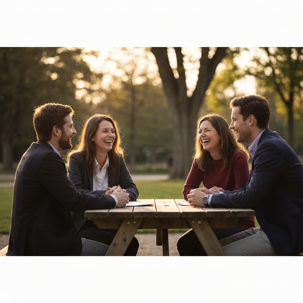 A group of friends laughing and talking while sitting around a picnic table in a park. The lighting is golden hour, casting a warm glow on their faces and the surrounding trees.