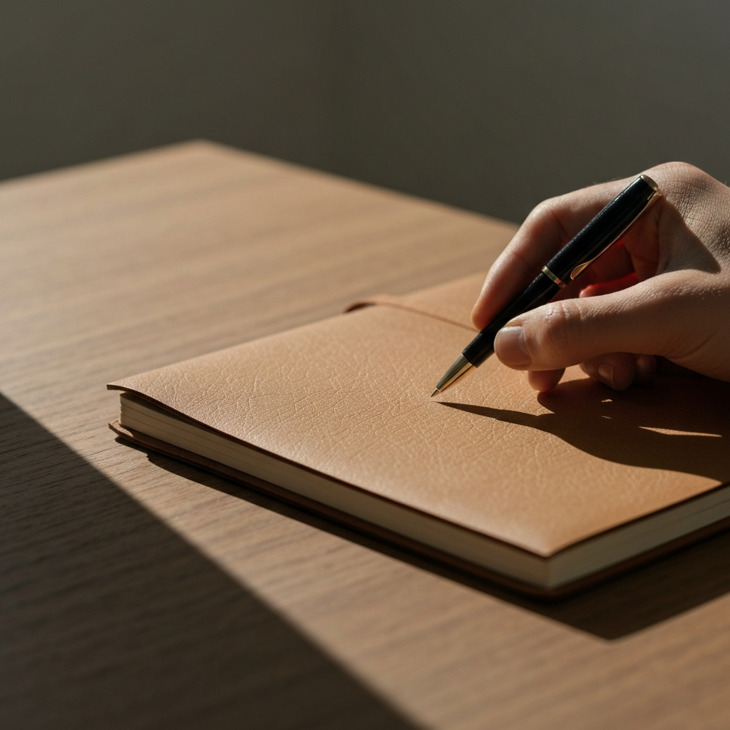 A close-up shot of a leather-bound notebook and pen on a wooden desk. Warm, side-lit texture on the paper. A hand is visible, gently writing.