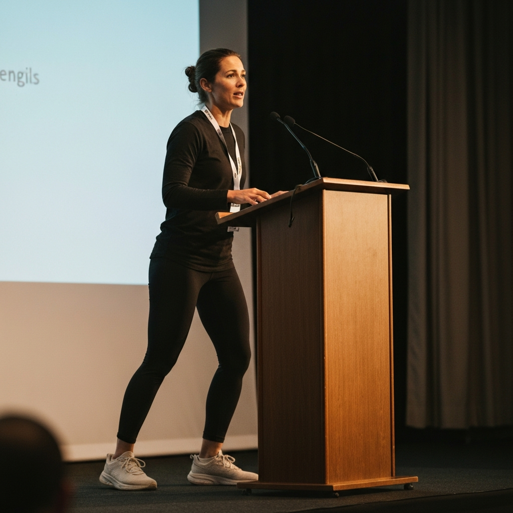 A person speaking confidently at a podium during a conference presentation. They are making eye contact with the audience. The lighting is professional, with a neutral background.