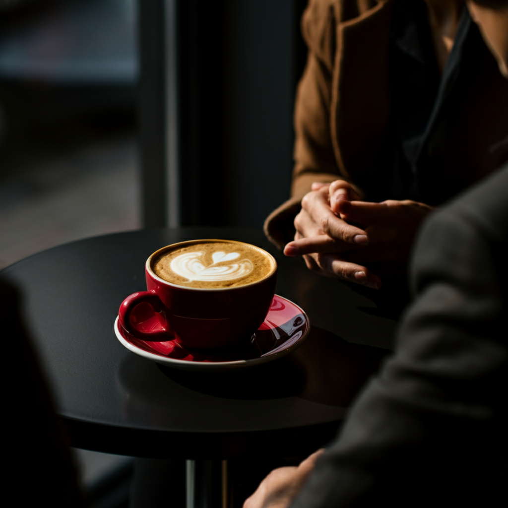 Two people having a conversation at a coffee shop. They are facing each other, and one person is actively listening while the other speaks. The lighting is natural, with soft shadows.