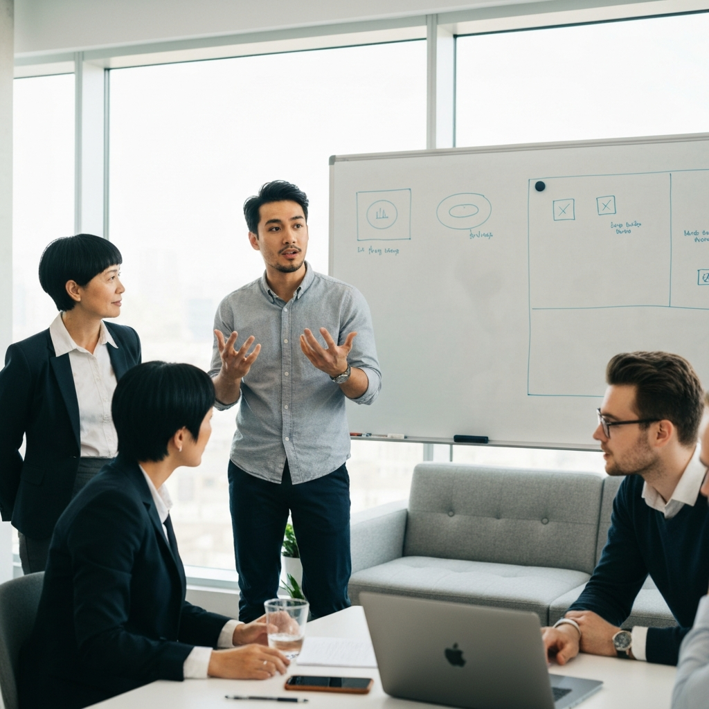 A group of colleagues brainstorming in a brightly lit conference room. One person is gesturing while asking a question, and others are leaning in to listen intently.