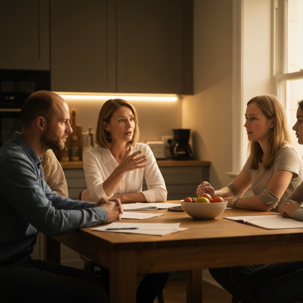 A warmly lit kitchen scene. A family of four (parents and two teenagers) are seated around a wooden table. The table has scattered papers and a bowl of fruit on it. The lighting is soft, golden hour, with a shallow depth of field, blurring the background slightly. The mother is making direct eye contact while speaking.