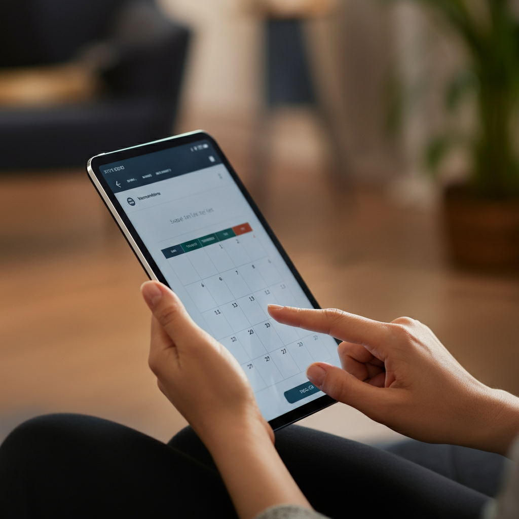 A close-up of a digital tablet displaying a family calendar app. The screen is well-lit, and the calendar entries are clearly visible. Fingers are tapping gently on the screen, indicating interaction. Soft focus background showing a blurred living room.