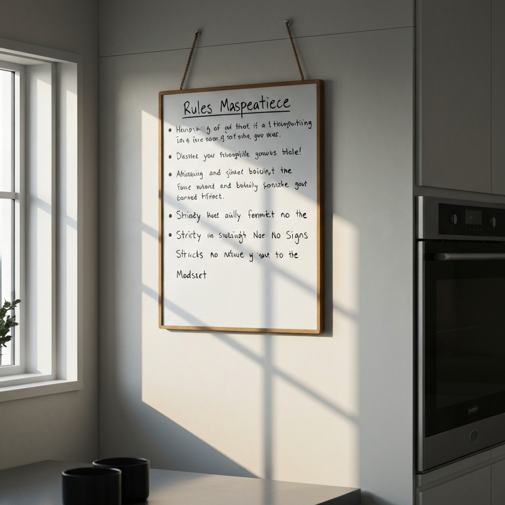 A natural light photograph of a whiteboard hanging on a kitchen wall. Neatly written rules and expectations are listed with bullet points. The lighting is diffused, with a slight side-lit effect that emphasizes the texture of the board.