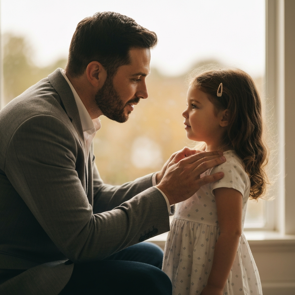 A medium shot of a father kneeling down to eye-level with his young daughter. He is listening intently, with a gentle hand on her shoulder. The lighting is warm and natural, highlighting the connection between them. Soft bokeh background.