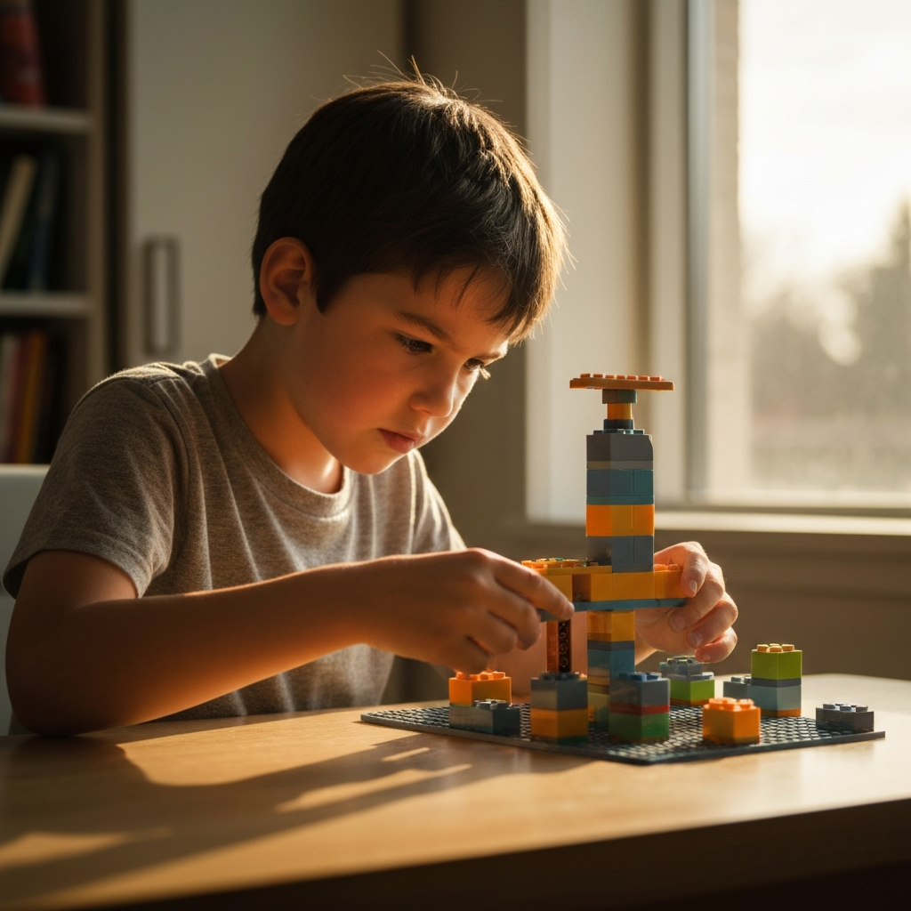 A young boy intensely focused on building a complex LEGO structure. Natural sunlight streams through a window, highlighting the vibrant colors of the LEGO bricks. Soft background blurring showing the child's room.