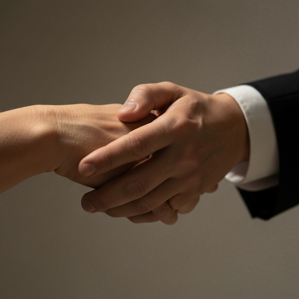 A close-up of two hands clasped together, suggesting forgiveness and reconciliation. The lighting is soft and warm, highlighting the textures of the skin. Shallow depth of field with a blurred background.