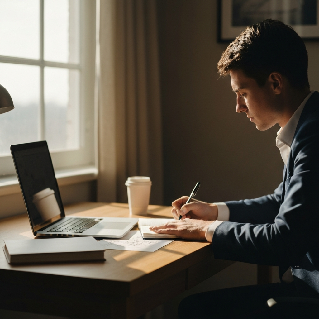 A person sits at a desk in a sunlit home office, sketching in a notebook with natural light streaming through the window. Laptop and coffee cup are visible in soft focus.