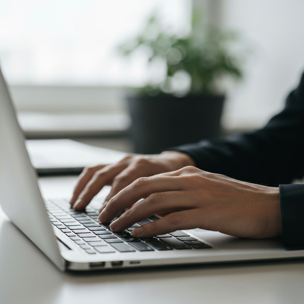 A close-up of hands typing on a laptop keyboard, focusing on the texture of the keys and the glow of the screen. The background is a blurred office environment.