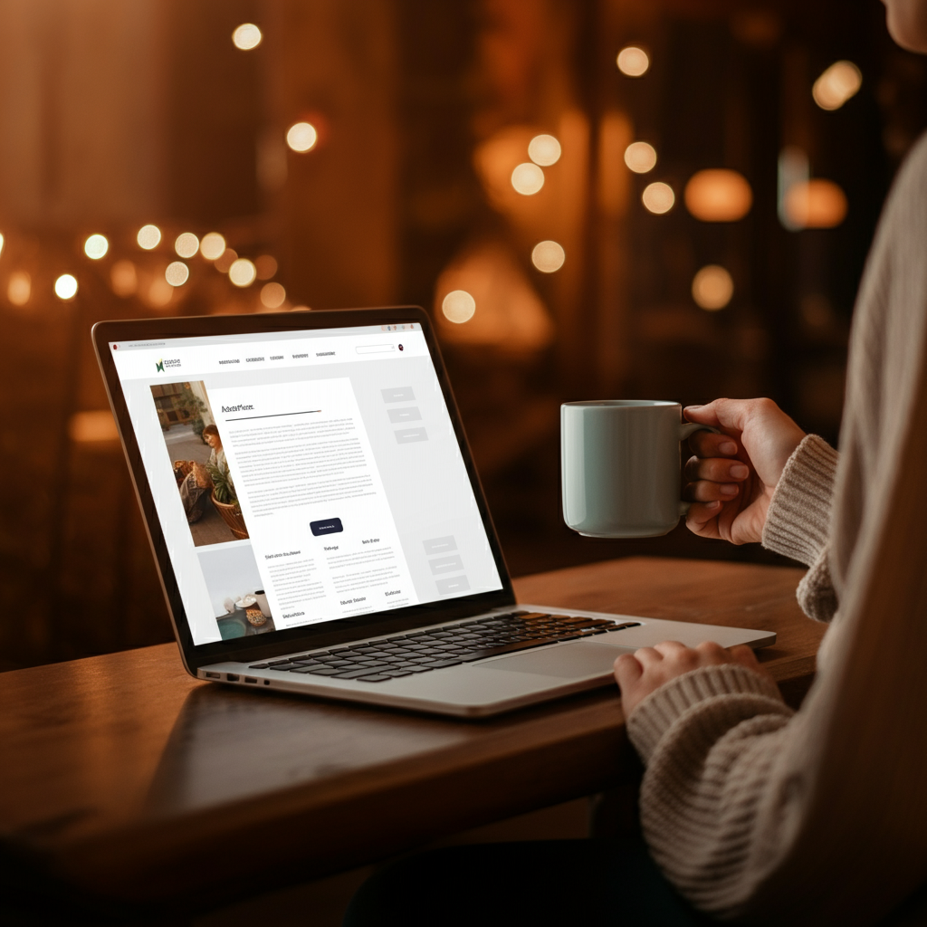 A warmly lit laptop screen displaying a clean, modern website design. Soft bokeh in the background shows a person holding a coffee mug.