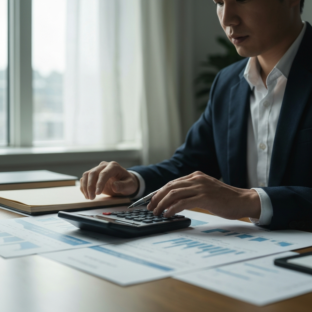 A person using a calculator at a desk, with various financial documents spread around. Natural light enters from a nearby window, creating soft shadows.