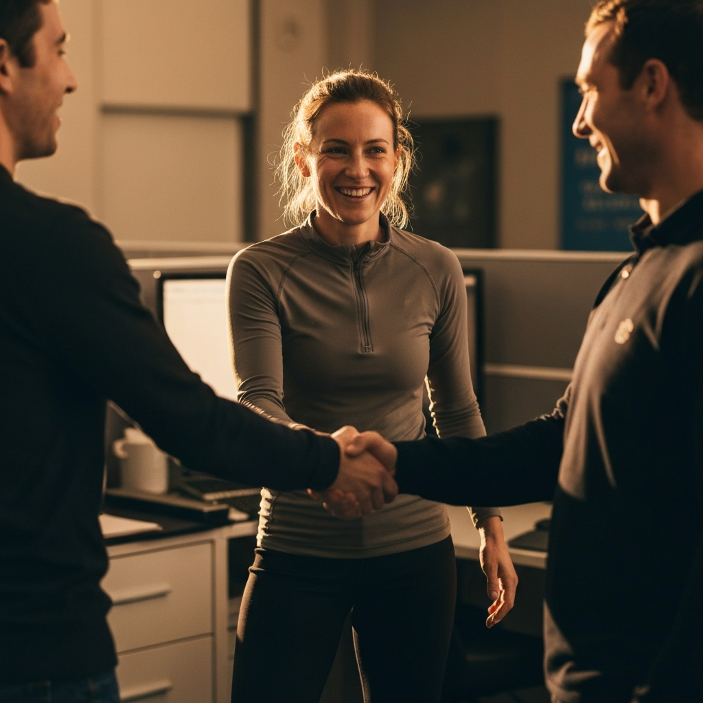A person standing in an office cubicle, smiling and shaking hands with a colleague. The lighting is warm and professional, and the background is slightly blurred.