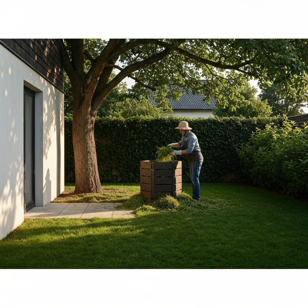 A wide shot of a backyard garden. A compost bin sits nestled under the dappled shade of a mature tree. A gardener, wearing gardening gloves and a sun hat, is adding grass clippings to the bin. Golden hour lighting with soft shadows.