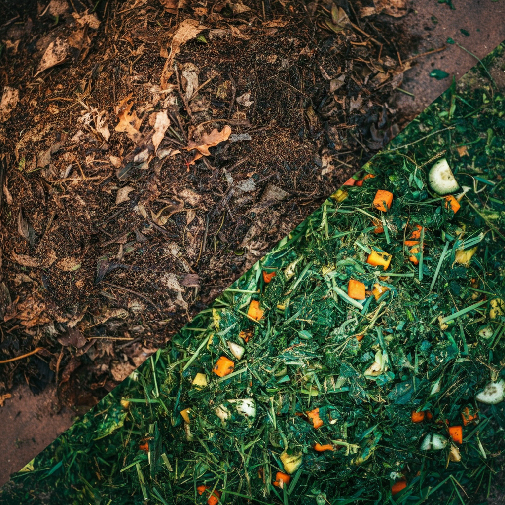 A close-up overhead shot of two piles of compost ingredients. One pile is composed of dry, brown leaves and shredded cardboard. The other pile contains vibrant green grass clippings and colorful vegetable scraps. Soft diffused light evenly illuminates the scene.