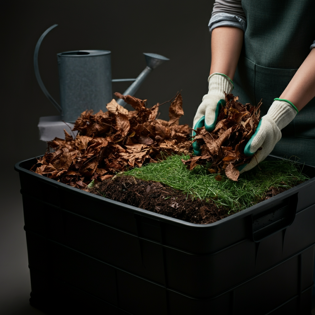A mid-shot of hands wearing gardening gloves layering brown leaves and green grass clippings into a compost bin. The bin is partially filled, showcasing the distinct layers. A watering can sits nearby, suggesting moisture is being added. Soft, side-lit textures of the leaves and grass.