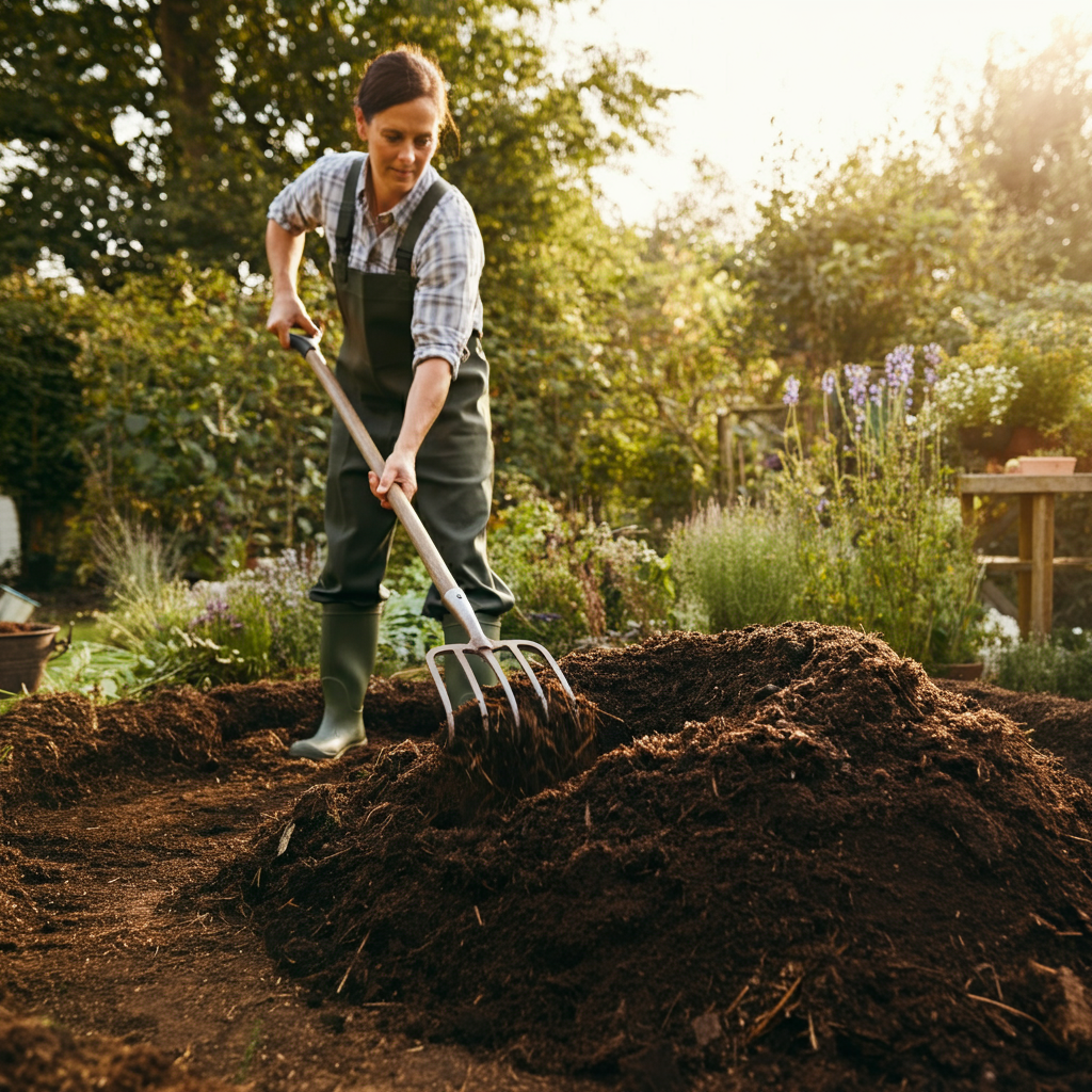 A gardener using a pitchfork to turn a compost pile in a backyard. The compost is dark and rich-looking. Sunlight is filtering through the trees, creating dappled light on the pile and the gardener. The scene conveys a sense of diligent effort.