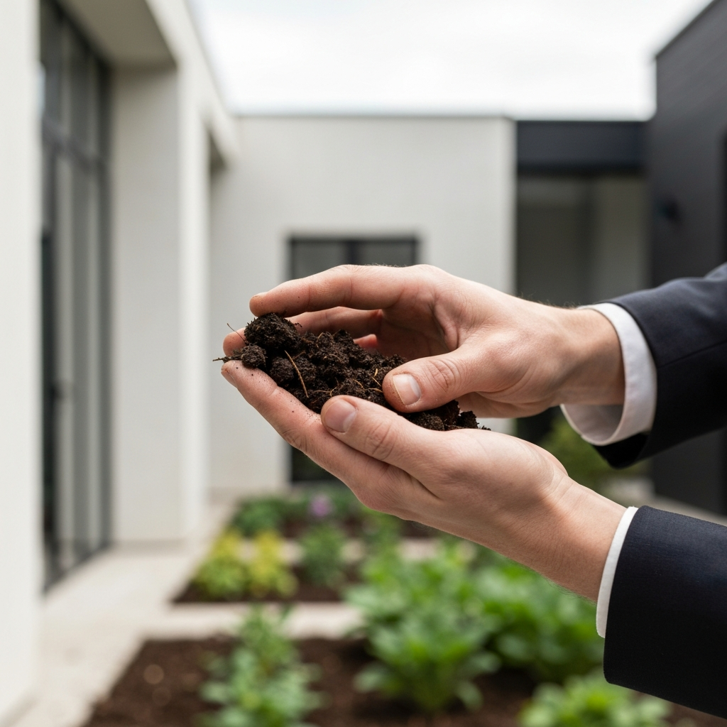 A close-up of a hand carefully examining a sample of compost. The compost is dark brown and crumbly, with visible bits of decomposed organic matter. Soft focus background showing a garden with various plants.