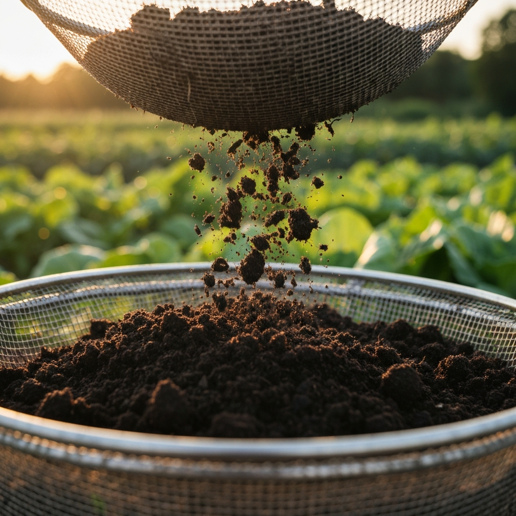 A close-up shot of finished compost being sifted through a wire mesh screen. The compost is dark, rich, and earthy-looking. Soft bokeh background showing a flourishing vegetable garden.