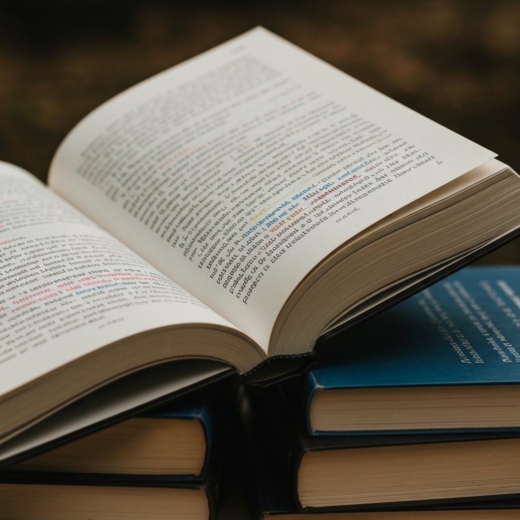 A close-up shot of an open book, with text highlighted in various colors. The book rests on a stack of other books, all related to philosophy and religion. Soft, diffused light creates a sense of intellectual curiosity and focus.