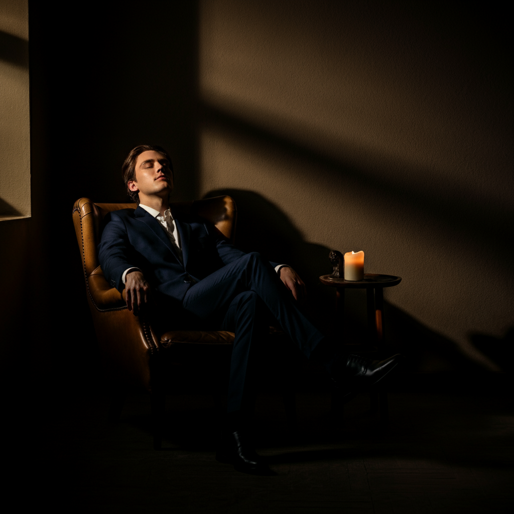 A person sits in a comfortable armchair, eyes closed in deep thought. The room is dimly lit, with shadows playing across the walls. A single candle flickers on a nearby table, casting a warm glow on the person's face. The atmosphere is peaceful and contemplative.