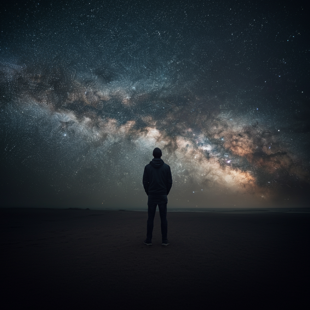 A vast, star-filled night sky. The Milky Way stretches across the horizon, shimmering with light. The scene evokes a sense of wonder, mystery, and the vastness of the universe.