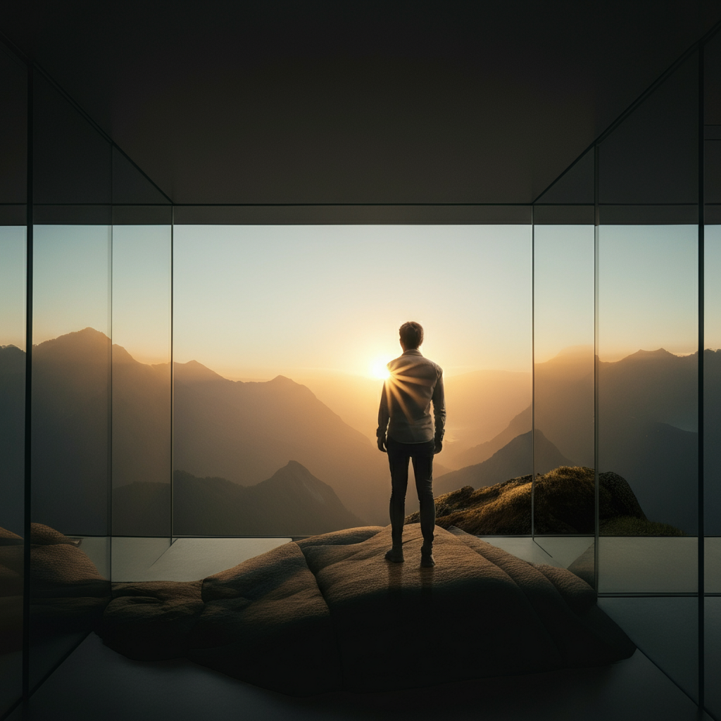 A person stands on a mountaintop, gazing out at a breathtaking vista. The sun is rising, casting a golden light over the landscape. The person appears confident, peaceful, and empowered.
