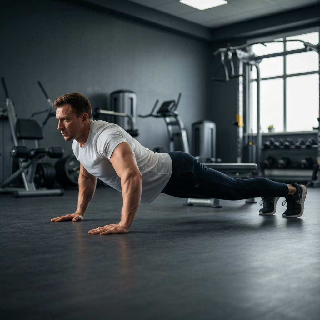 A well-lit home gym with a man performing a perfect push-up. Focus on the straight line from head to heels, showcasing proper form. Soft focus background with gym equipment.