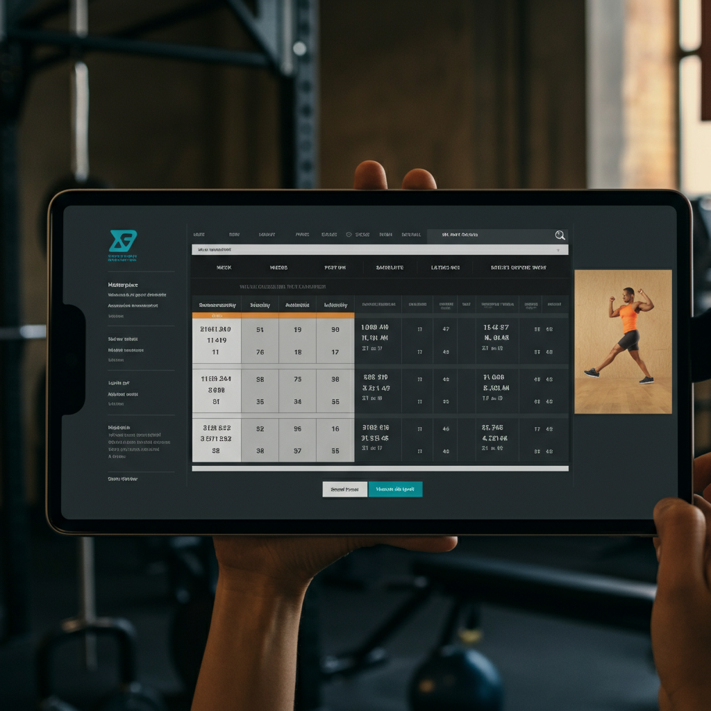 A digital display showing a weekly workout plan. Clean and organized layout with clearly defined exercises and sets. Focus on the information displayed, not the screen itself. Diffuse ambient light.