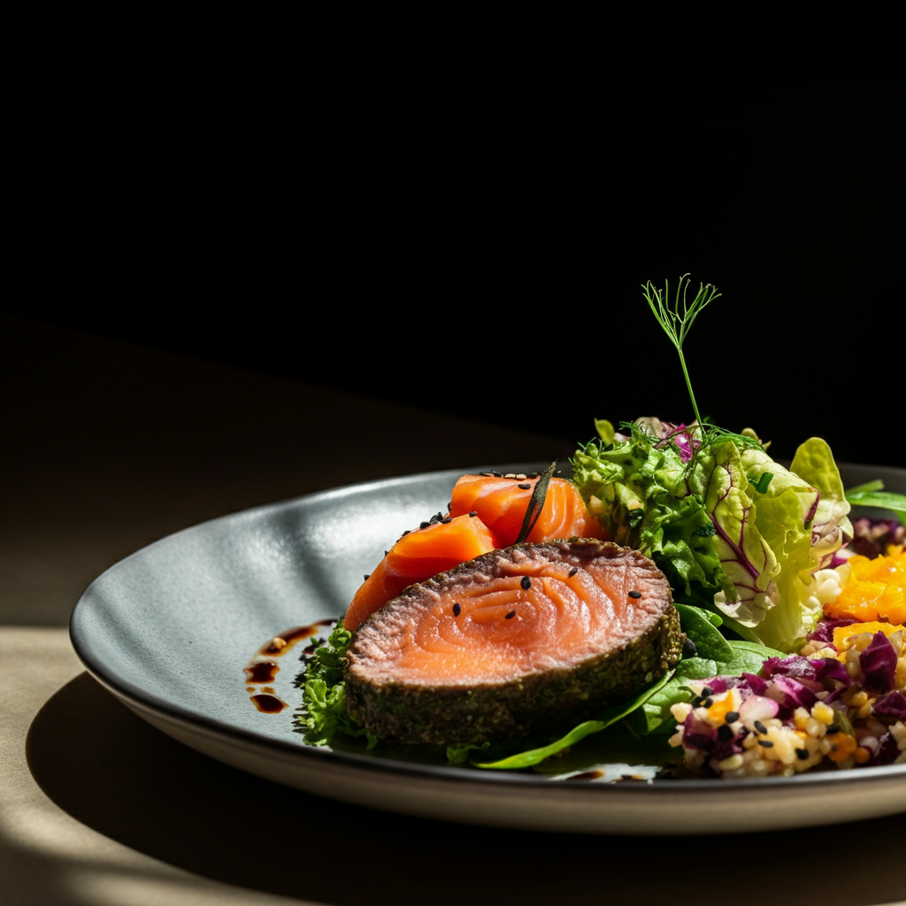 A close-up shot of a healthy meal consisting of lean protein, vegetables, and complex carbohydrates. Natural sunlight creating a warm glow on the plate. Focus on the textures and colors of the food.