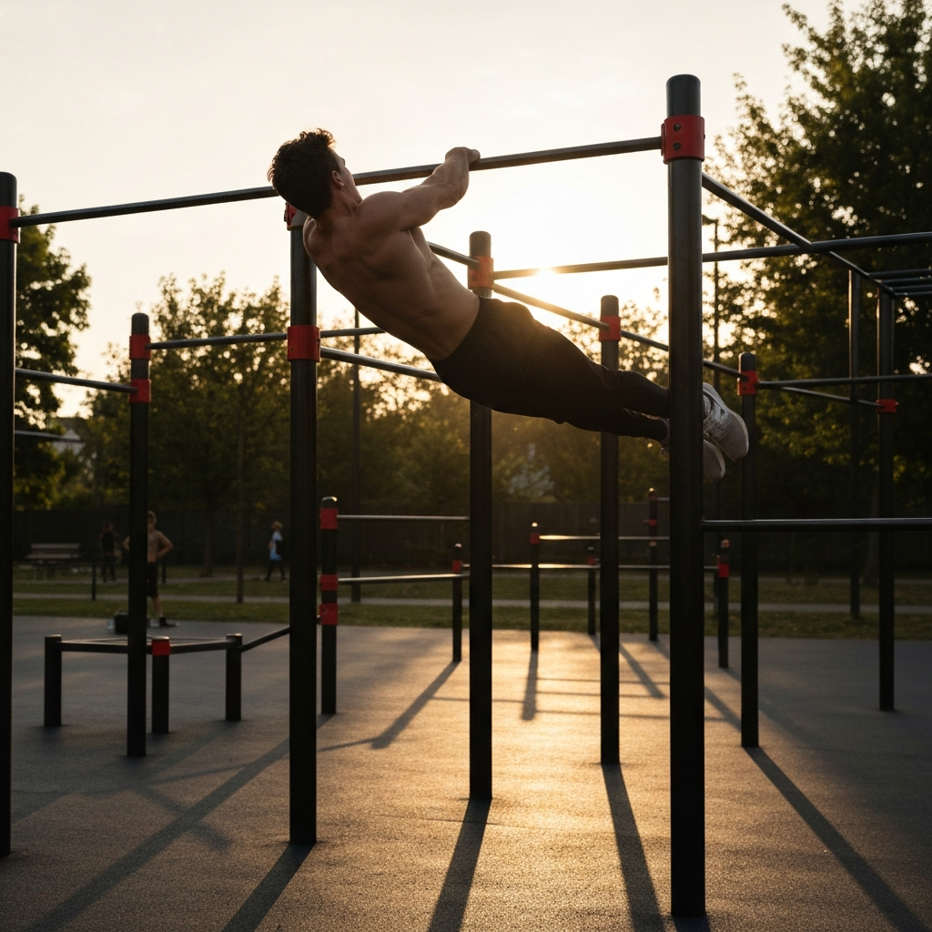 An outdoor calisthenics park with a man effortlessly performing a muscle-up on a high bar. Golden hour lighting casting long shadows. Focus on the movement and the surrounding environment.