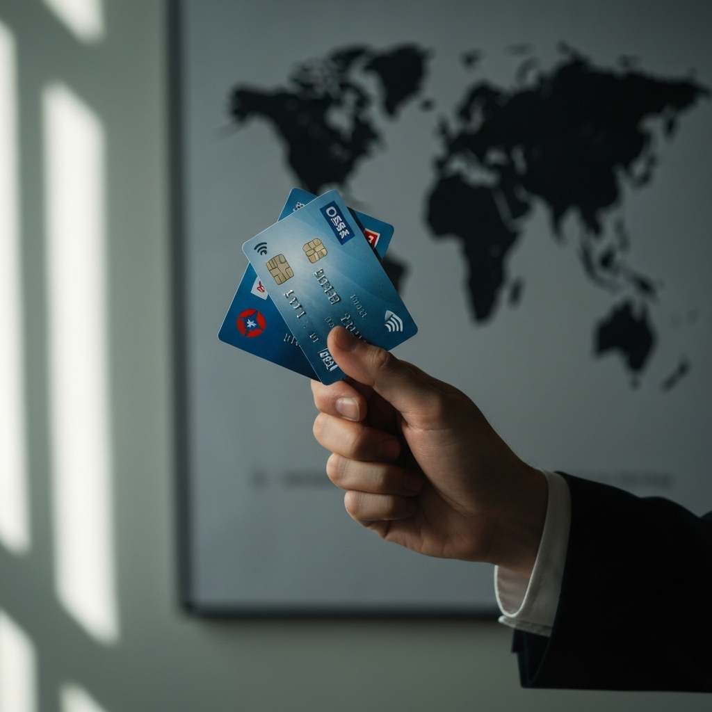 Close-up of a hand holding three different credit cards, fanned out to show logos. Soft focus on the background with a blurred image of a world map. Natural light streaming in from the left, creating a subtle shadow on the hand.
