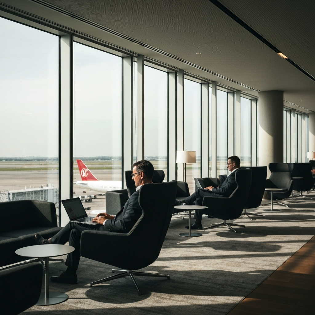 Interior of an airport lounge. A person is comfortably seated in a modern chair, working on a laptop. Large windows offer a view of airplanes on the tarmac. Warm, diffused light fills the space, highlighting the sleek design of the furniture.