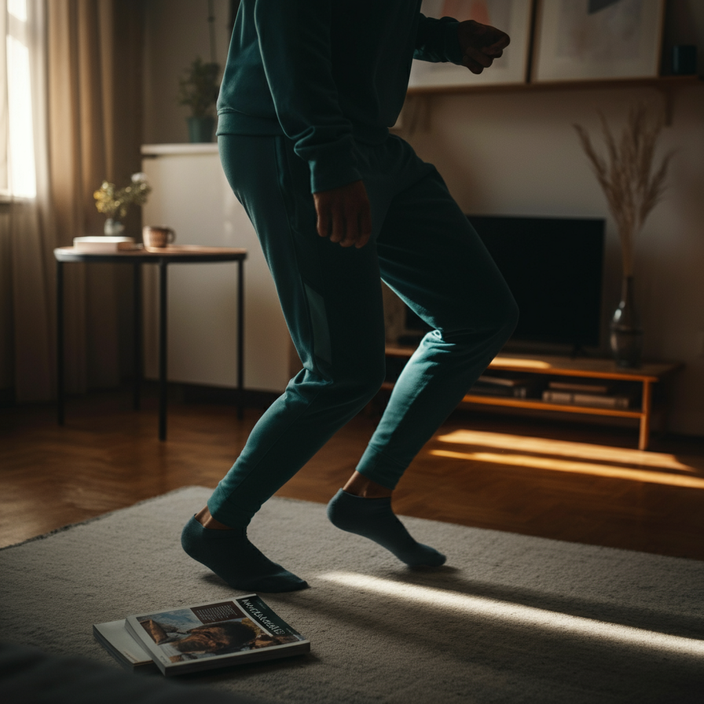 Interior of a stylish and minimalist Airbnb apartment. Soft light illuminates the space, highlighting the clean lines and modern furniture. A travel guide lies open on a coffee table, suggesting a sense of exploration and relaxation. The overall impression is one of comfortable, affordable luxury.