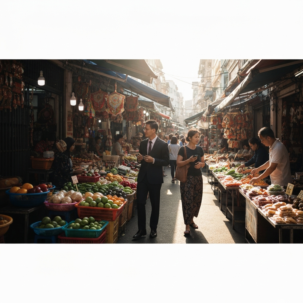 A vibrant street market in a foreign city. People are browsing stalls selling local produce, handicrafts, and street food. The lighting is bright and sunny, casting a warm glow on the scene. The overall impression is one of cultural immersion and authentic experience.