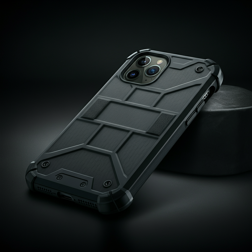 A close-up shot of a rugged phone case with reinforced corners, showcasing its shock-absorbing texture. Soft, diffused lighting highlights the texture.
