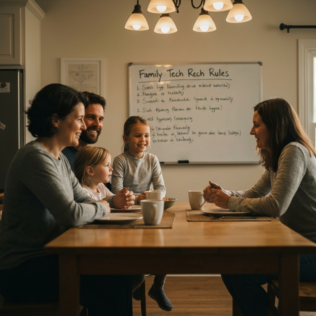 A warmly lit kitchen table with a family gathered around. A whiteboard in the background displays a handwritten list titled "Family Tech Rules." Soft focus on the family's faces, creating a sense of togetherness.