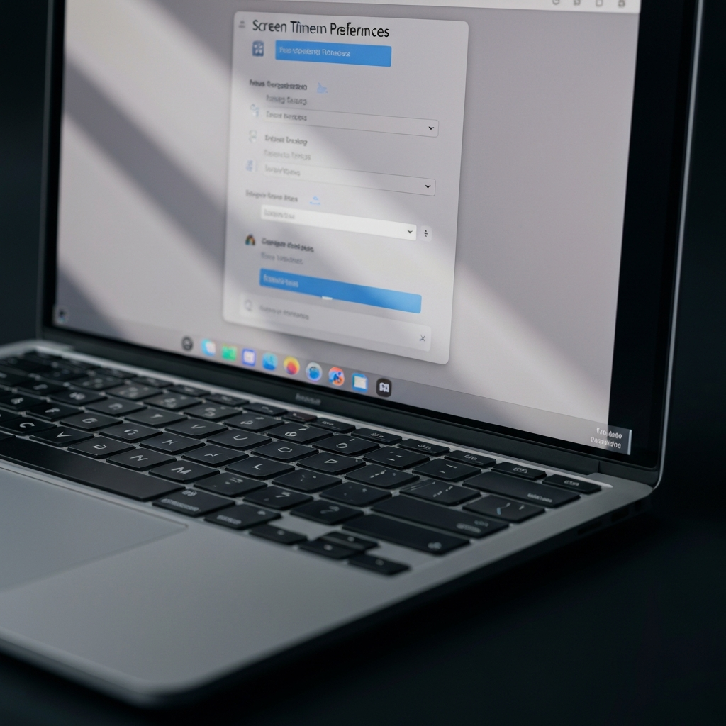 A close-up shot of a laptop screen displaying the system preferences window, specifically highlighting the screen timeout settings. Soft, directional light creates subtle shadows on the keyboard.