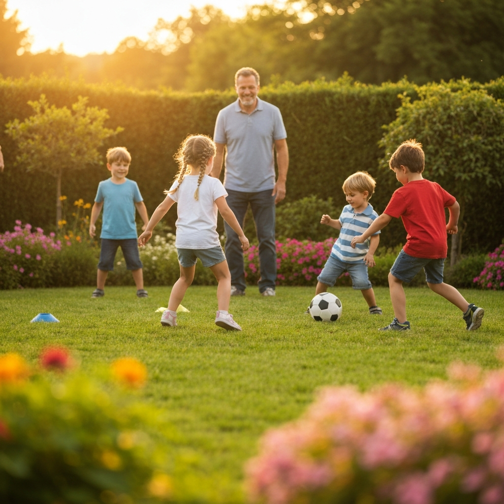 A brightly lit backyard with children playing various outdoor games like soccer and tag. A parent is supervising with a smile. Golden hour lighting creates a warm, inviting atmosphere.