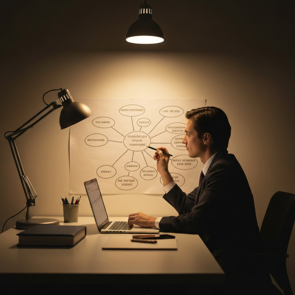 A person sitting at a desk with a laptop, brainstorming ideas with a colorful mind map on the wall behind them. Soft overhead lighting creates a warm, focused atmosphere.