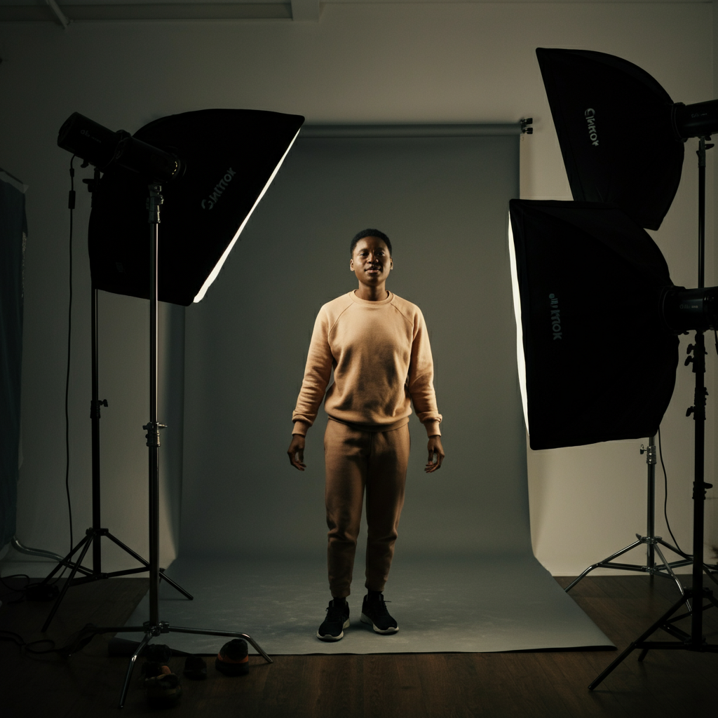 A person filming a TikTok video in a well-lit studio. Softbox lighting illuminates their face, and various props and backdrops are visible in the background.