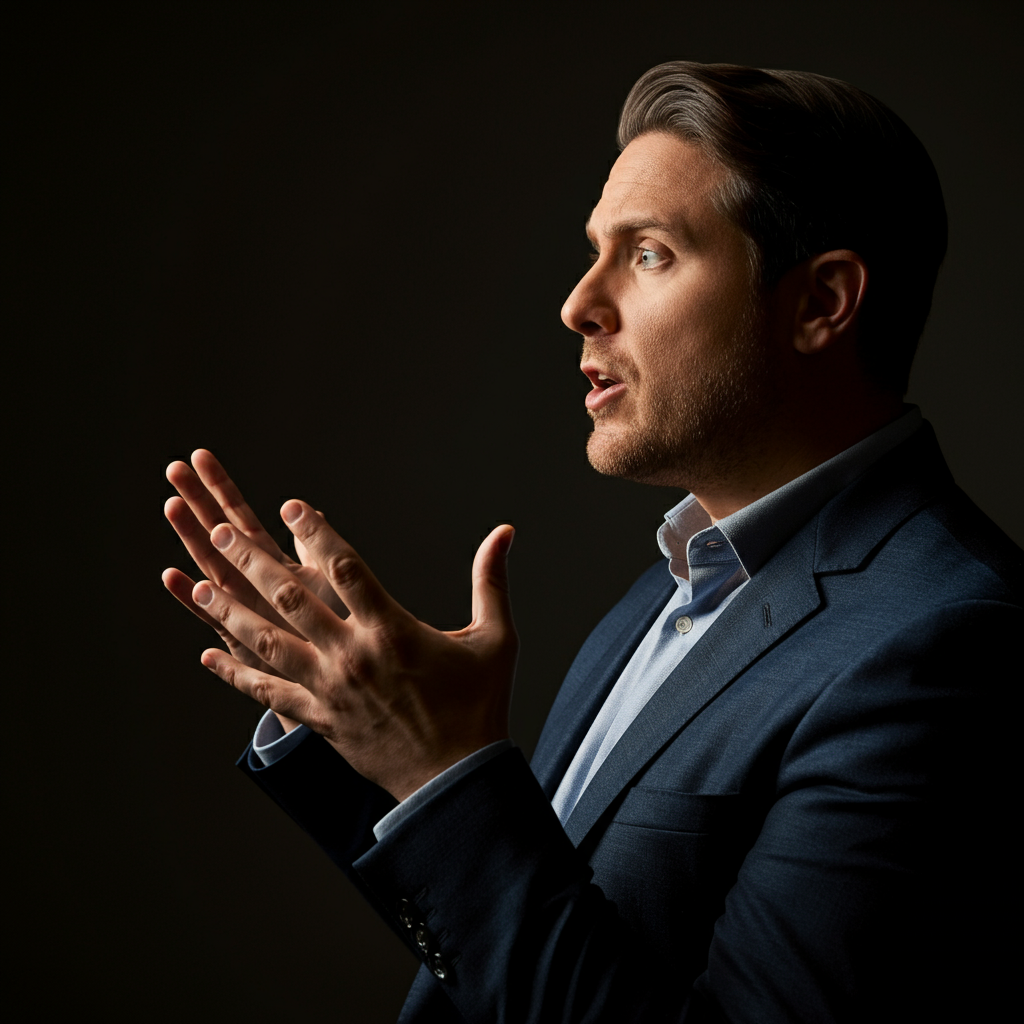 A side-lit shot of a person using their hands expressively while talking to the camera. The background is blurred with a soft bokeh, focusing on their emotional delivery.