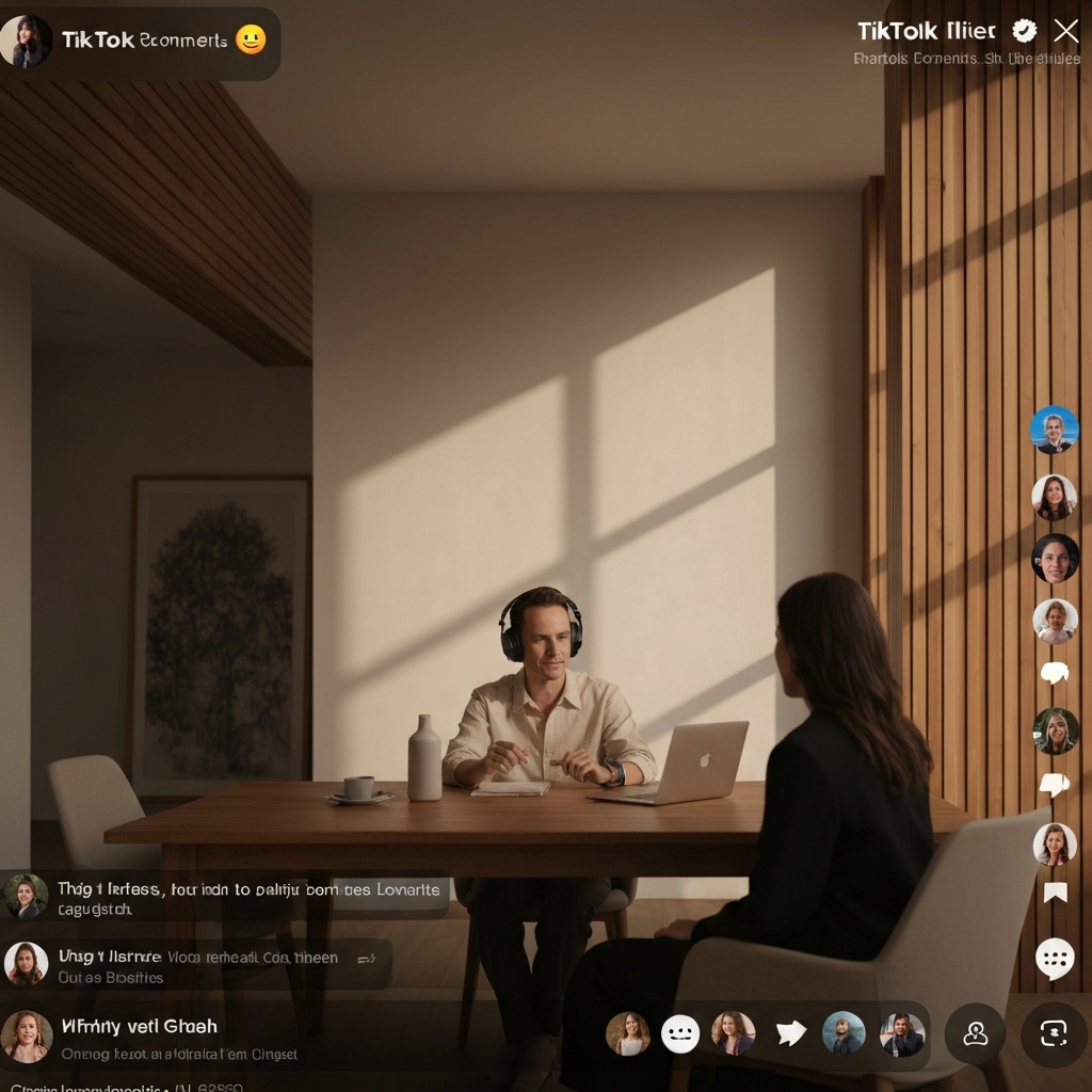 A person hosting a TikTok live stream, interacting with viewers in the comments section. The scene is warmly lit with a friendly and inviting atmosphere.
