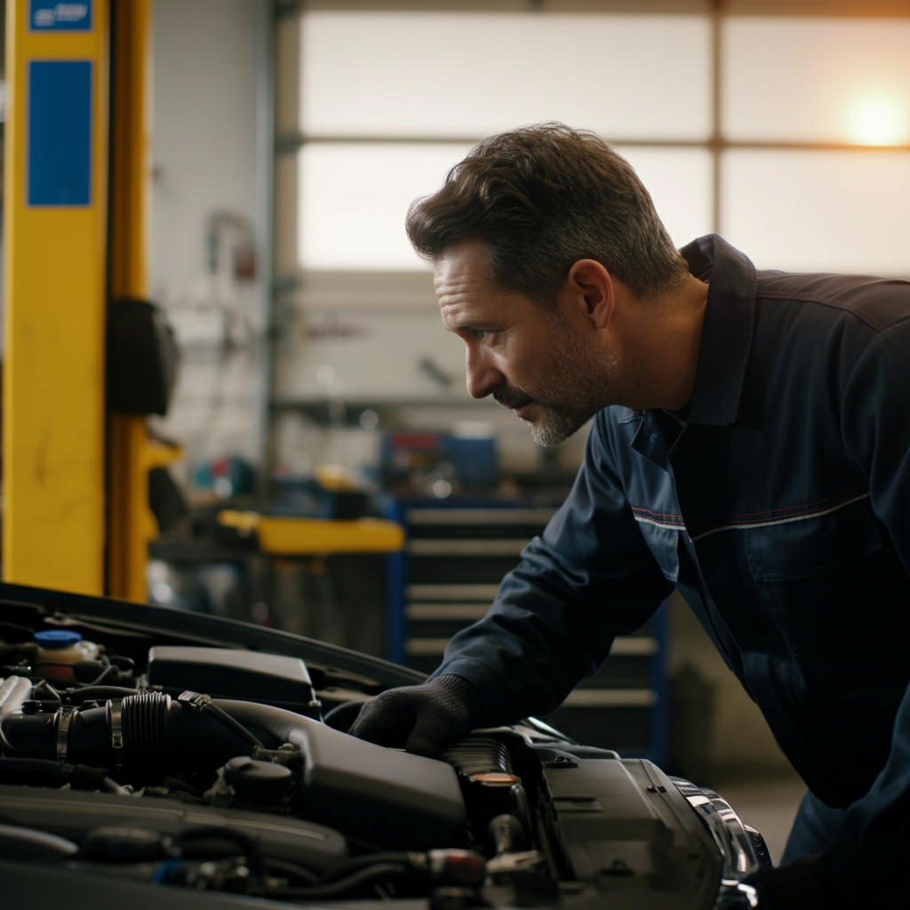 A mechanic in a clean, well-lit garage is listening intently to the engine of a car, his ear close to the engine block. Soft bokeh in the background shows various tools neatly arranged on a workbench. Golden hour lighting streams in from an open garage door.