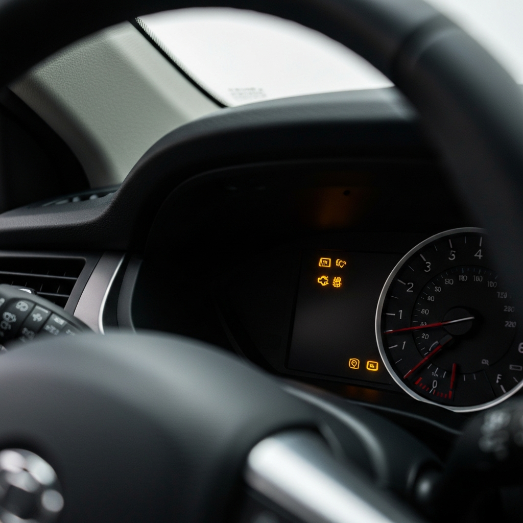 A close-up shot of a car's dashboard, focusing on the illuminated check engine light. The dashboard is clean and well-maintained. Shallow depth of field blurs the steering wheel and other parts of the interior. Diffused light illuminates the dashboard.